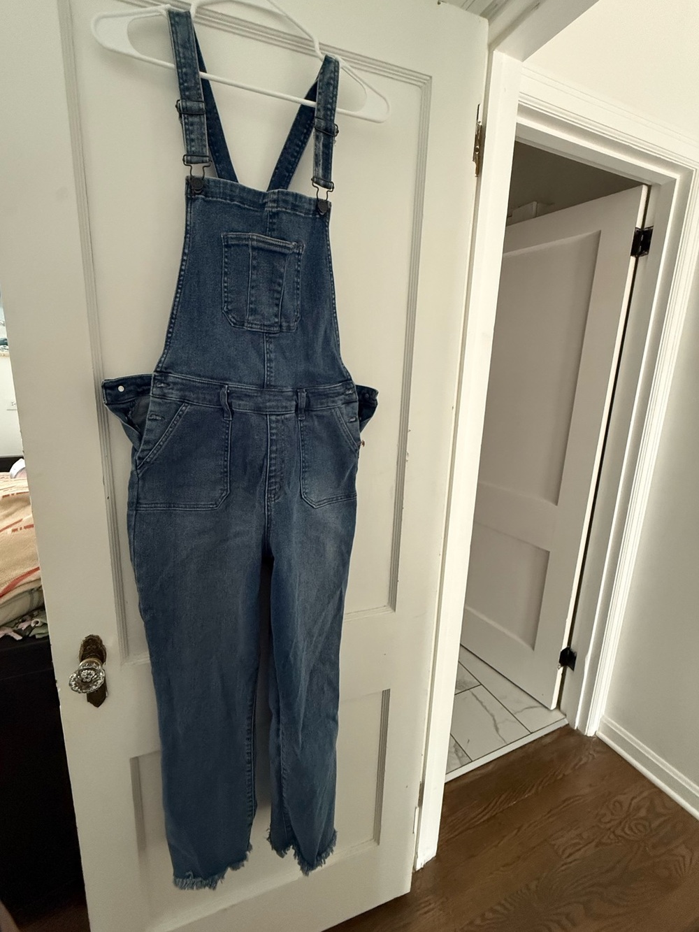 YMI Blue Women's Denim Bib Overalls with Frayed Hem